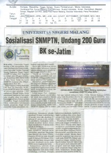 Sosialisasi SNMPTN, Undang Guru BK se-Jawa Timur. Malang Pos, 10/2/16