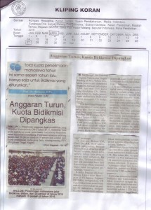 Anggaran Turun Kuota Bidikmisi Dipangkas. Malang Pos, 27/4/16