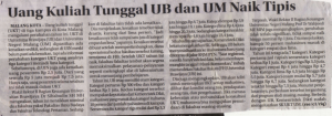 Uang Kuliah Tunggal UB dan UM Naik Tipis. Radar Malang 3 Juni 2016