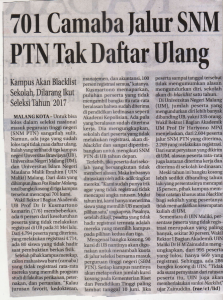 701 Camaba Jalur SNM PTN Tak Daftar Ulang. Radar Malang, 8 Juni 2016