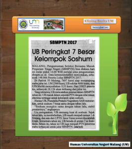 UB Peringkat 7 Besar Kelompok Soshum , Malang Post 13 Juni 2017